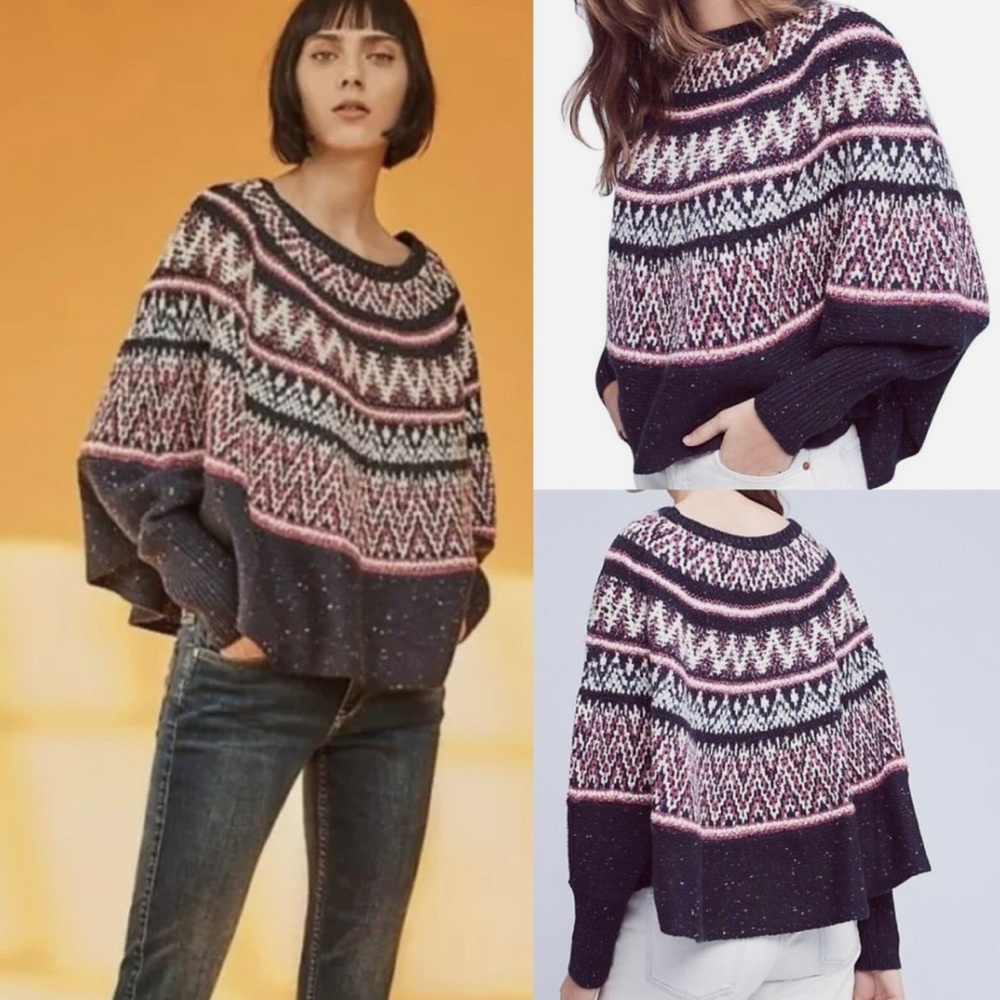 Anthropology Sleeping on Snow Midland Fair Isle Blue and Pink Sweater Size XS/S